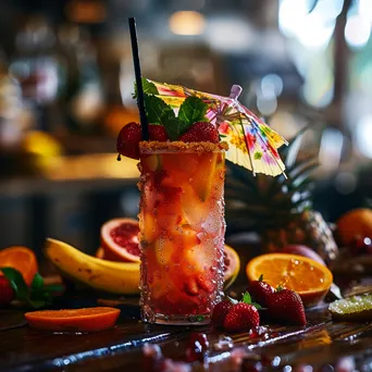 Close-up of a tropical cocktail garnished with fruit - Image 3