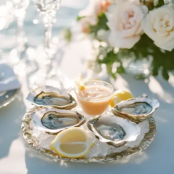 Oysters served on ice with lemon and cocktail sauce - Image 1