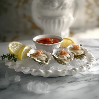 Oysters served on ice with lemon and cocktail sauce - Image 3