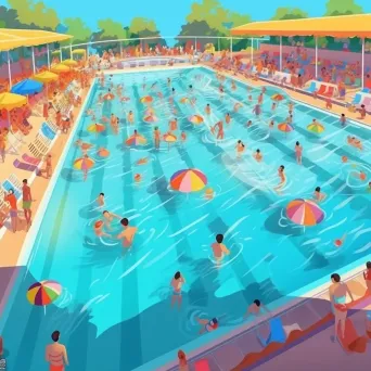 Swimming pool complex with racing swimmers and colorful parasols under sunlight - Image 2