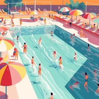 Swimming pool complex with racing swimmers and colorful parasols under sunlight - Image 3