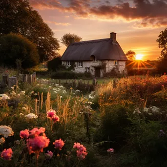 Thatched cottage surrounded by wildflowers at dawn - Image 2