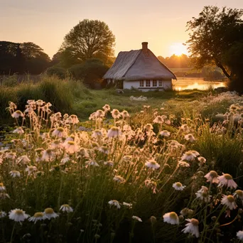 Thatched cottage surrounded by wildflowers at dawn - Image 3