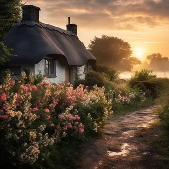 Thatched cottage surrounded by wildflowers at dawn - Image 4