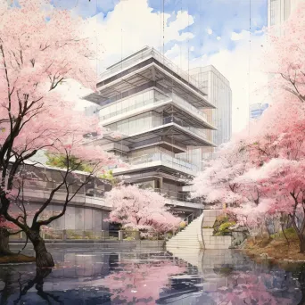 Cherry blossoms blooming against modern Tokyo architecture in watercolor - Image 1