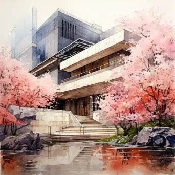 Cherry blossoms blooming against modern Tokyo architecture in watercolor - Image 2