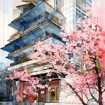 Cherry blossoms blooming against modern Tokyo architecture in watercolor - Image 3