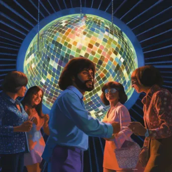 Image of a group of friends in 1970s disco attire under a disco ball in a club - Image 1