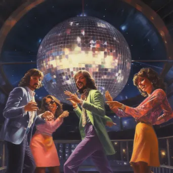 Image of a group of friends in 1970s disco attire under a disco ball in a club - Image 4