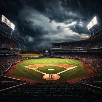 Baseball stadium rain delay with dramatic lighting - Image 1