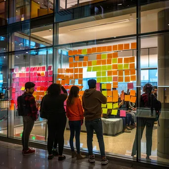 Developers brainstorming ideas on a glass wall with sticky notes. - Image 1