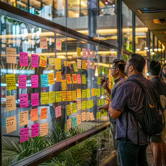 Developers brainstorming ideas on a glass wall with sticky notes. - Image 2