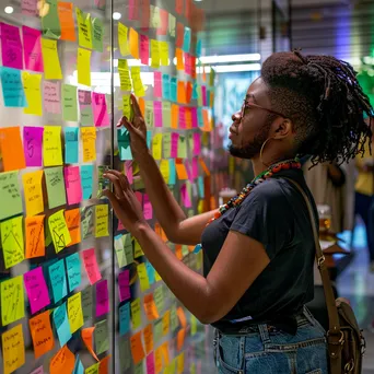 Developers brainstorming ideas on a glass wall with sticky notes. - Image 3