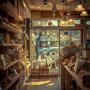 Interior of a gift shop with handmade crafts and soft ambient lighting - Image 1