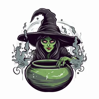 Wicked witch brewing potion in cauldron, brew, moonlit night Halloween logo - Image 4