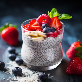 Chia seed pudding topped with fresh berries and coconut flakes - Image 2