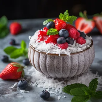 Chia seed pudding topped with fresh berries and coconut flakes - Image 3