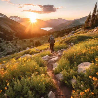 A hiker on a rocky mountain trail with wildflowers during sunset - Image 1