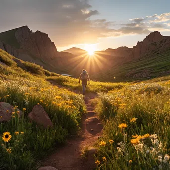 Hiker on Mountain Trail at Sunset