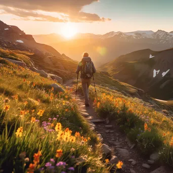 A hiker on a rocky mountain trail with wildflowers during sunset - Image 3