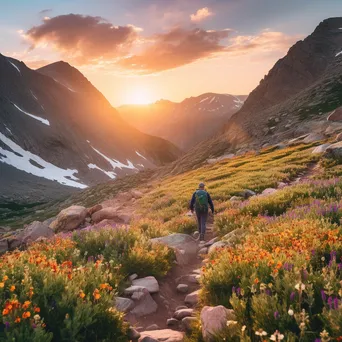 A hiker on a rocky mountain trail with wildflowers during sunset - Image 4