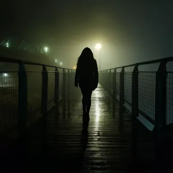 Woman walking on foggy bridge at night - Image 1