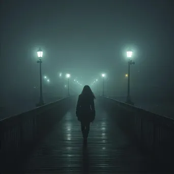 Woman walking on foggy bridge at night - Image 2