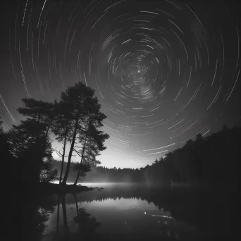 Majestic star trails swirling above a misty lakeside forest - Image 3