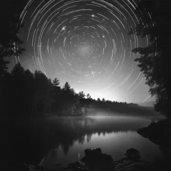 Majestic star trails swirling above a misty lakeside forest - Image 4