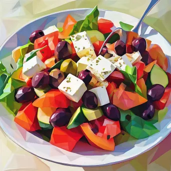 Greek salad with olives and feta expressed in geometric, low poly style with contrast colors - Image 1