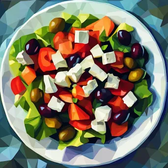 Greek salad with olives and feta expressed in geometric, low poly style with contrast colors - Image 3