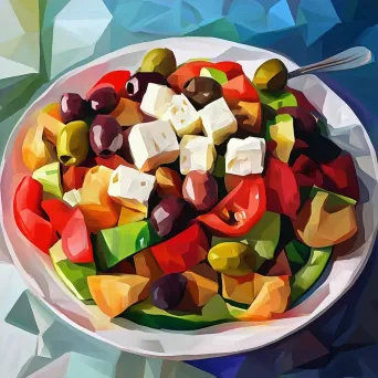 Greek salad with olives and feta expressed in geometric, low poly style with contrast colors - Image 4