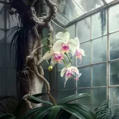 Picture of a blooming orchid in a mist-filled greenhouse - Image 3