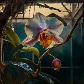 Picture of a blooming orchid in a mist-filled greenhouse - Image 4