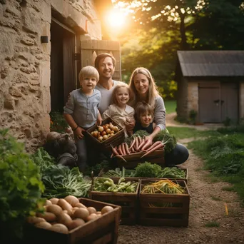 Family posing in front of traditional root cellar. - Image 3