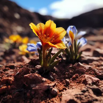 Macro shot of colorful flowers growing in volcanic soil - Image 1