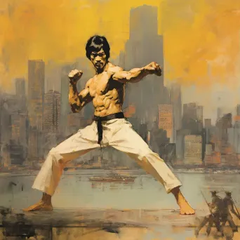 Martial Artist Pose with Cityscape in Background - Image 3