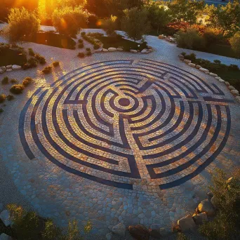 Aerial view of an intricate labyrinth at dawn rendered in Orphist style - Image 1