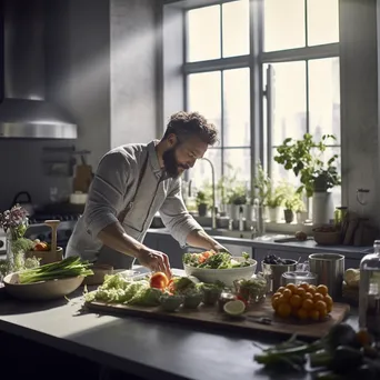 Chef in a modern kitchen preparing organic dishes with fresh ingredients. - Image 2