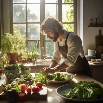 Chef in a modern kitchen preparing organic dishes with fresh ingredients. - Image 3