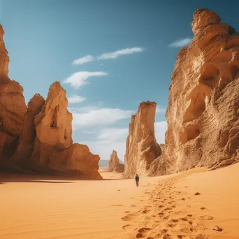 Hiker exploring towering desert rock formations under blue sky - Image 3