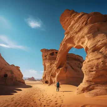 Hiker exploring towering desert rock formations under blue sky - Image 4