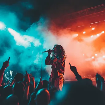 Vocalist engaging with crowd during a vibrant performance. - Image 1