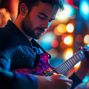 Close-up of a guitarist playing passionately on stage with colorful lights. - Image 1