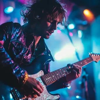 Close-up of a guitarist playing passionately on stage with colorful lights. - Image 2