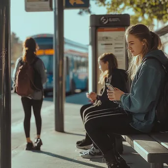 Students socializing while waiting for a bus at a college bus stop. - Image 1