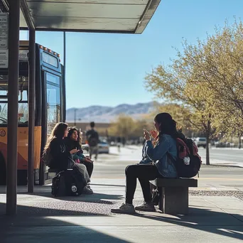 Students socializing while waiting for a bus at a college bus stop. - Image 4