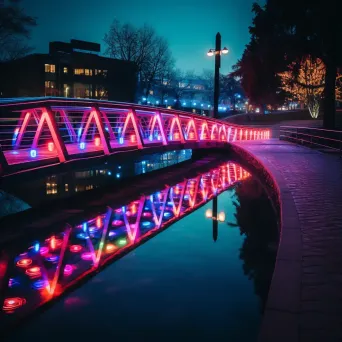 Modern pedestrian bridge with color-changing lights over river at night - Image 1