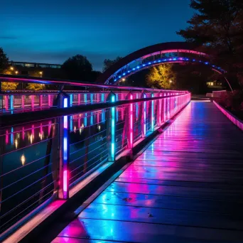 Modern pedestrian bridge with color-changing lights over river at night - Image 2