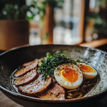 Bowl of Japanese ramen with soft-boiled egg and sliced pork - Image 1